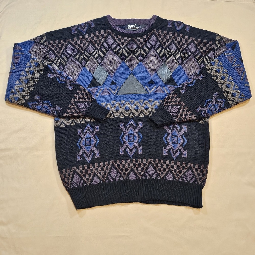 Impact Crew Neck Leather Patches‎ Acrylic Sweater XL Geometric Ski Retro